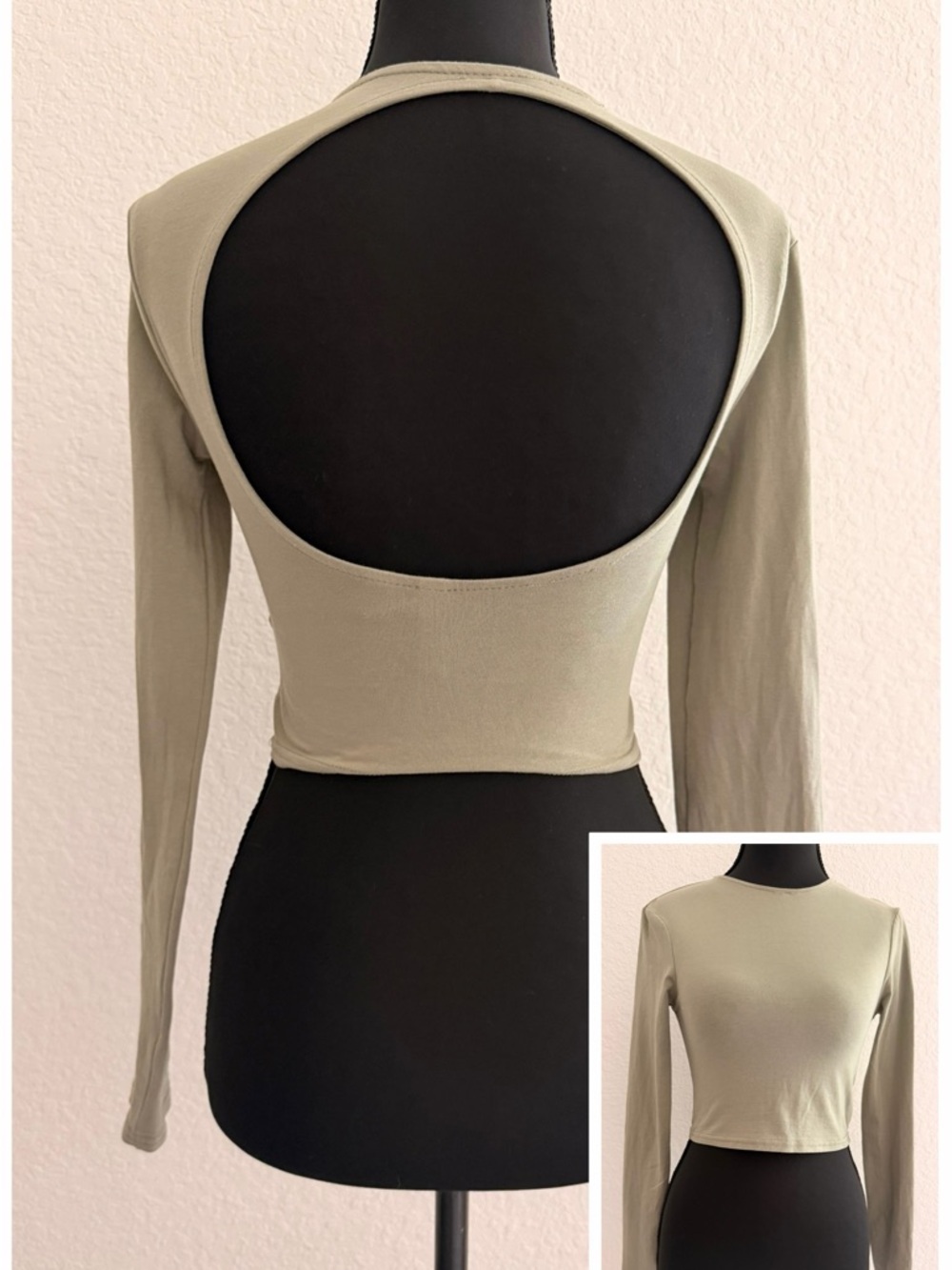 H&M Sage Green Sweetheart Neck Crop Top | Long Sleeve Open Back Cut-Out Top